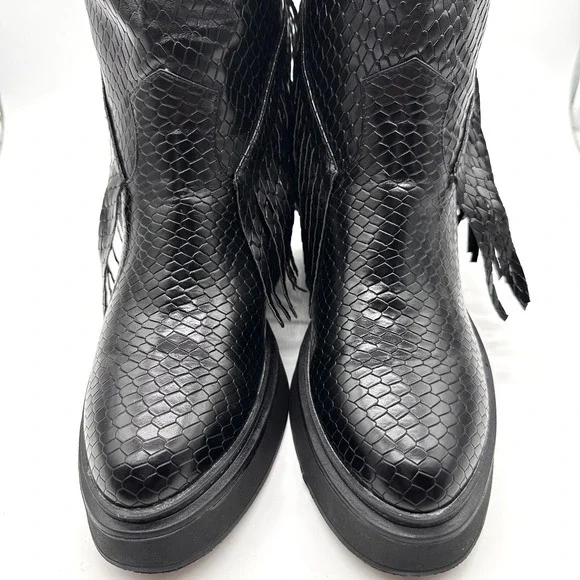 Womens Black Gothic Faux Snakeskin Moto Biker Fringe Chunky Platform Boots 11/42 - Picture 6 of 9